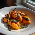 A close-up of vibrant orange sweet potato gnocchi tossed in brown butter, topped with crispy sage leaves and chili flakes.