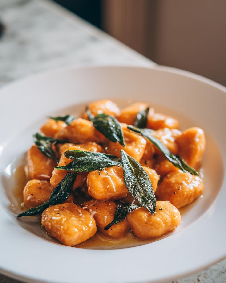 A close-up of orange sweet potato gnocchi tossed in a light sauce and topped with crispy sage leaves.