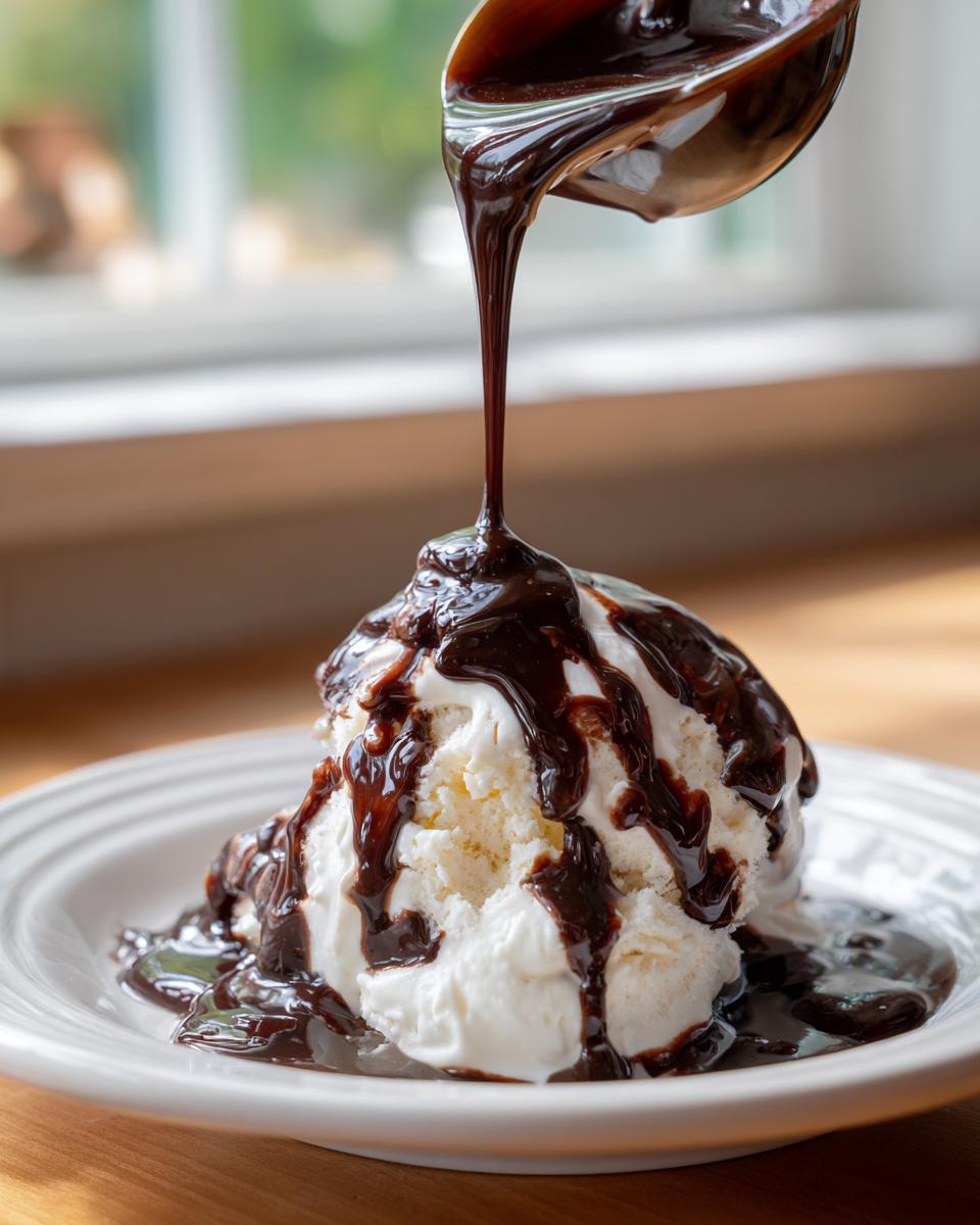 A spoonful of rich, homemade chocolate syrup is being poured over a scoop of vanilla ice cream.