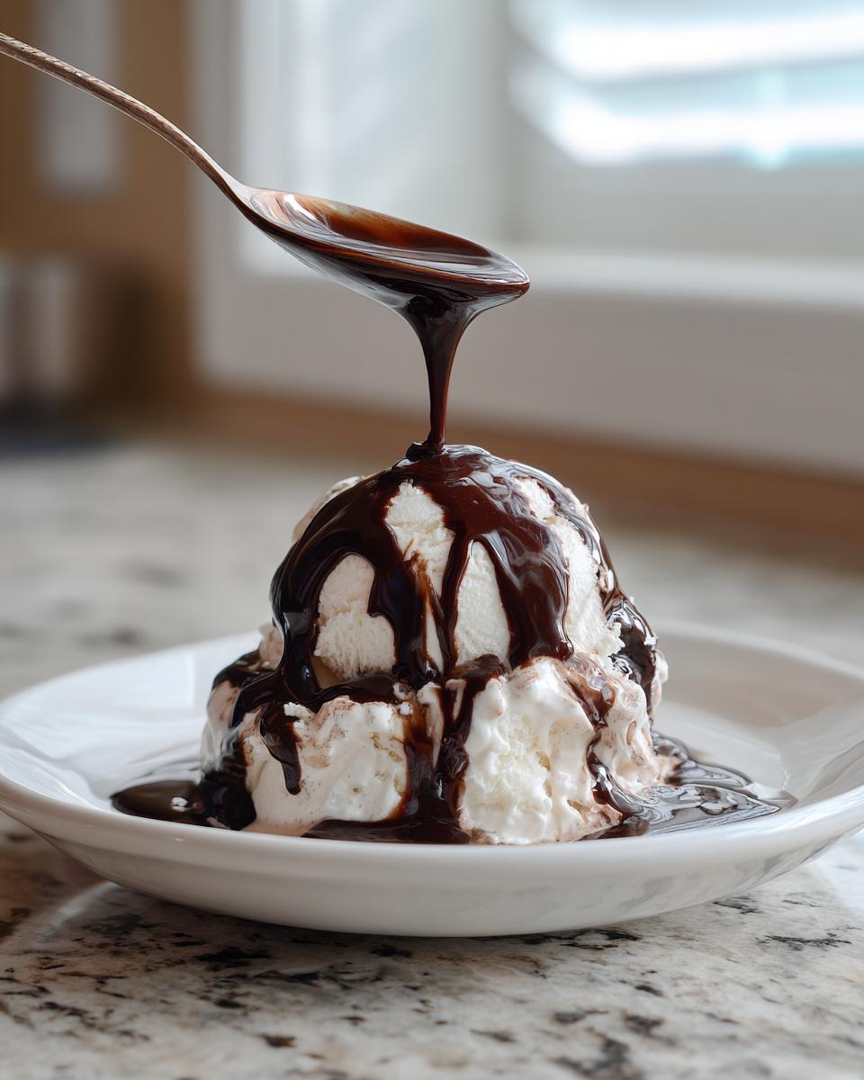 A spoonful of rich chocolate syrup is being drizzled over two scoops of vanilla ice cream.