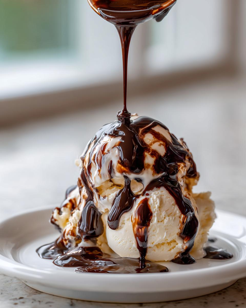 A stream of thick, homemade chocolate syrup is being poured from a spoon onto scoops of vanilla ice cream.