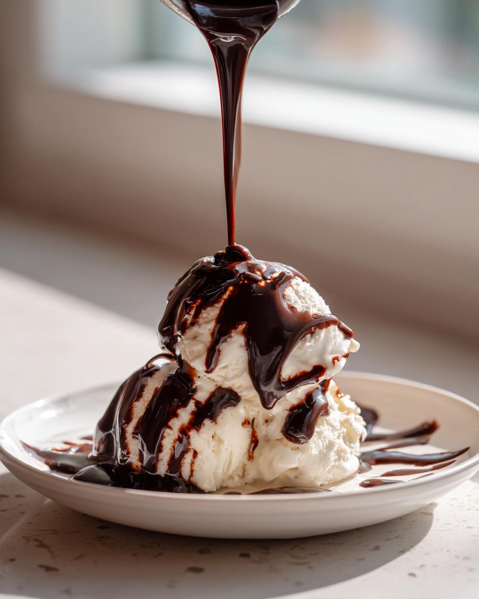 A stream of rich chocolate syrup is being poured over two scoops of vanilla ice cream in a white bowl.