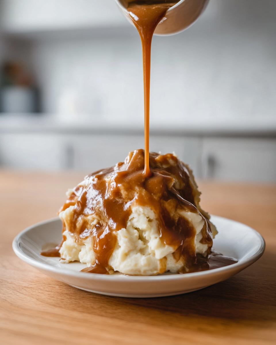 Thick, rich homemade brown gravy being poured from a small white pitcher onto a mound of mashed potatoes.