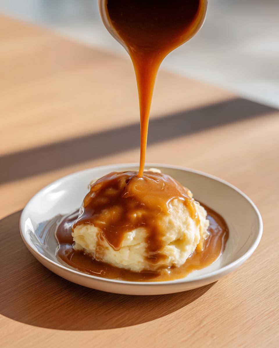A stream of rich homemade brown gravy being poured from a ladle onto a mound of mashed potatoes in a white bowl.
