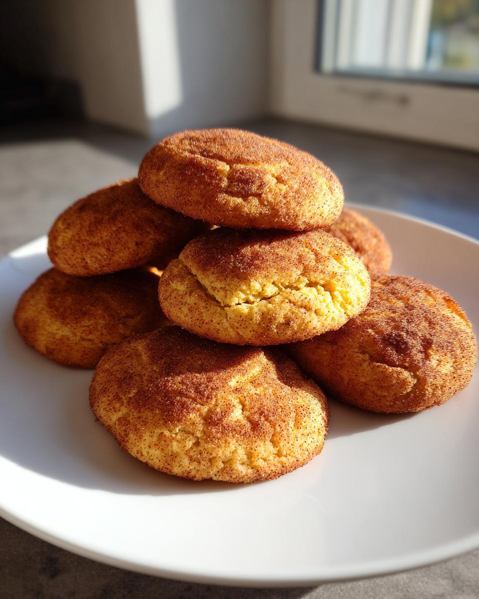 A stack of freshly baked pumpkin snickerdoodle cookies coated in cinnamon sugar, sitting on a white plate.