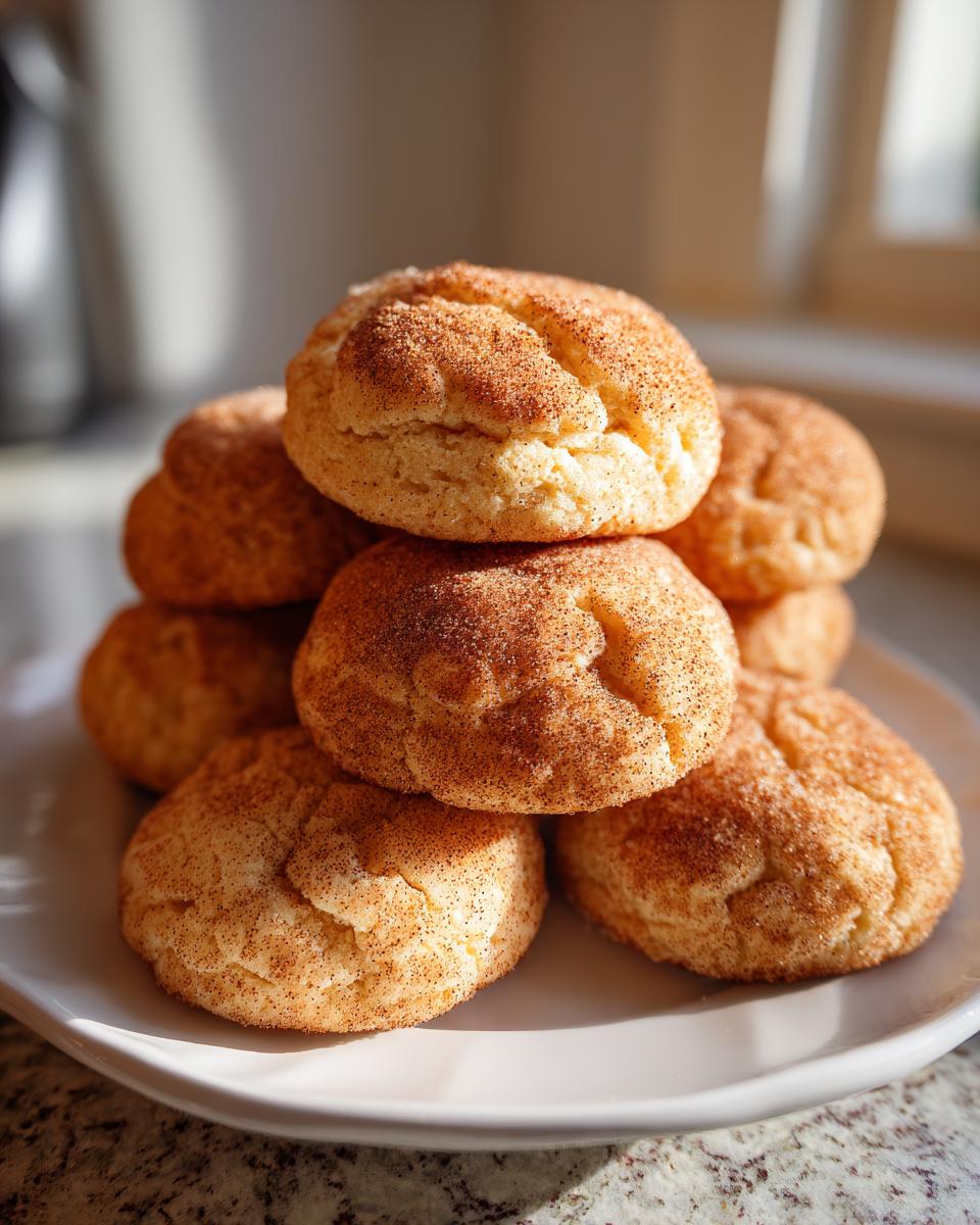 A stack of freshly baked pumpkin snickerdoodle cookies coated in cinnamon sugar, highlighted by natural light.