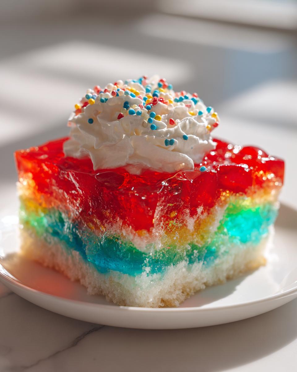 A colorful slice of rainbow jello poke cake topped with whipped cream and sprinkles on a white plate.
