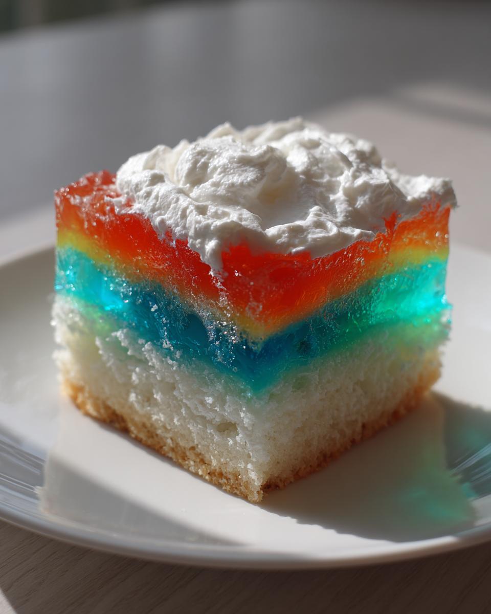 A colorful slice of rainbow jello poke cake topped with fluffy white whipped cream on a white plate.