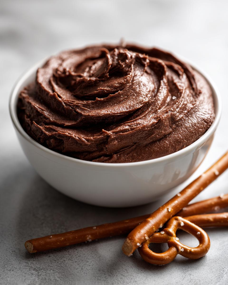 A bowl of rich, swirled chocolate dip served next to salted pretzel sticks for dipping.