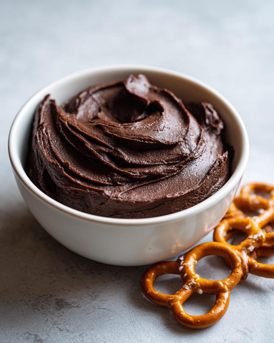 A close-up of thick, rich chocolate dip swirled in a white bowl, served next to salted pretzels.