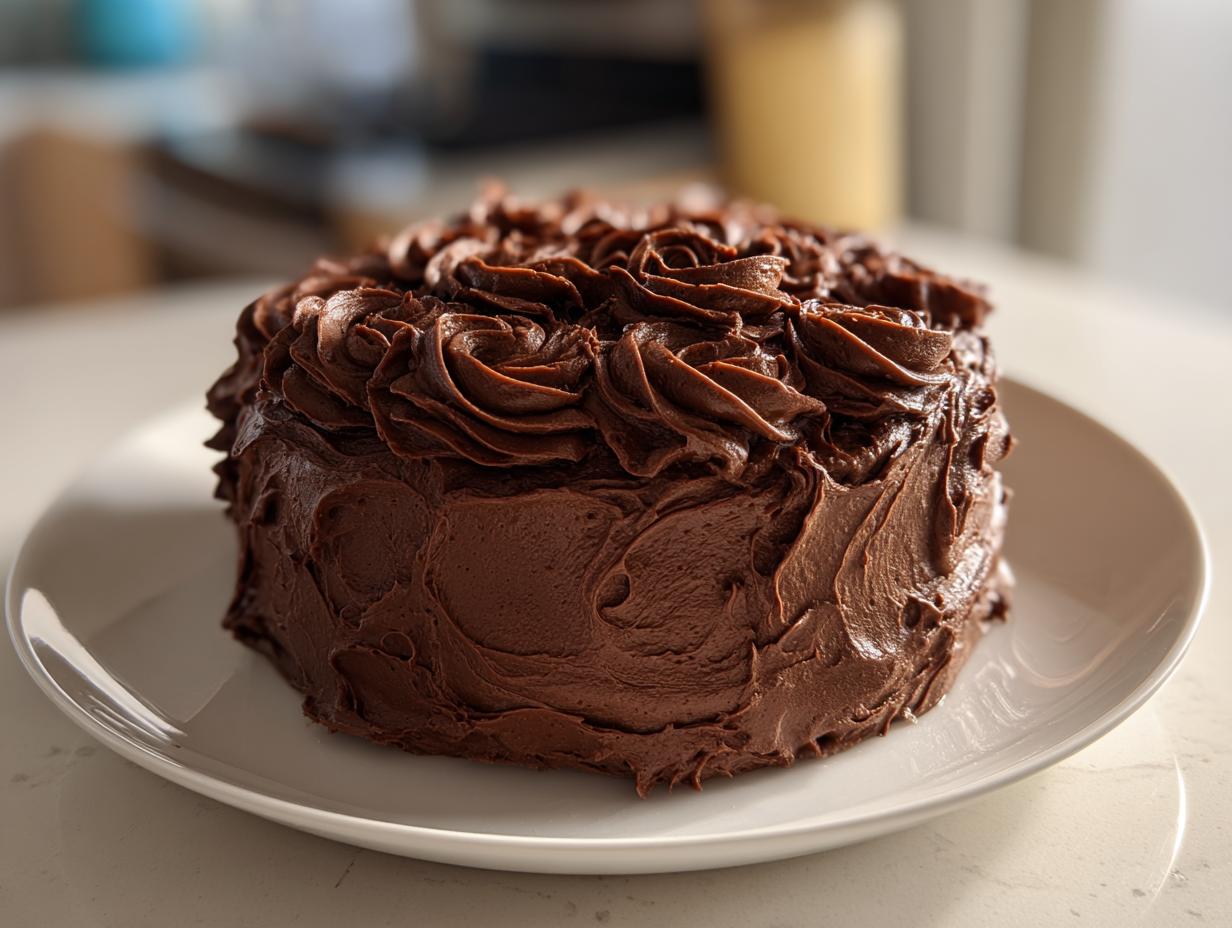 A decadent layer cake generously covered in rich chocolate frosting with piped swirls on top.