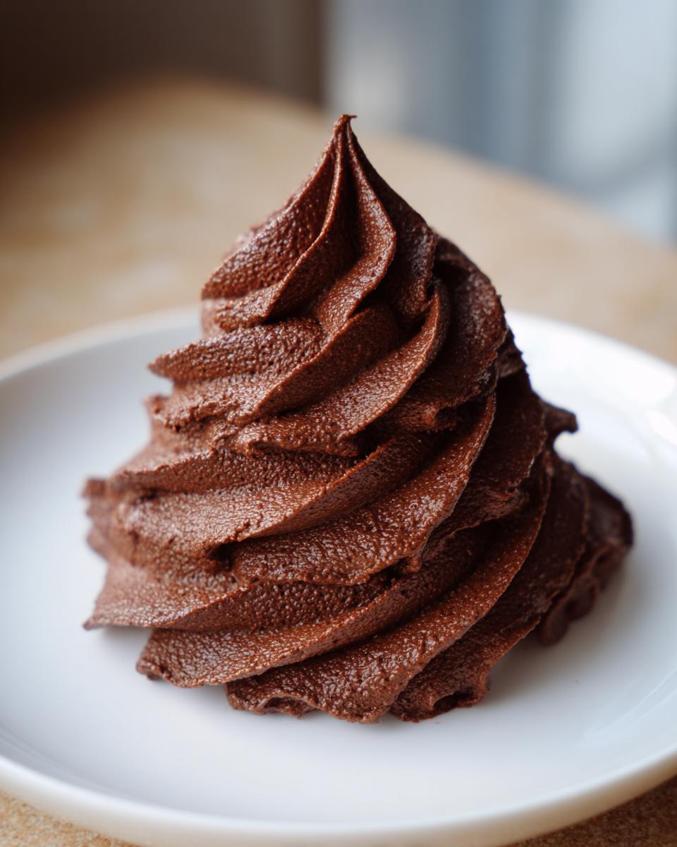 A tall, perfectly piped swirl of rich, dark chocolate frosting on a white plate.