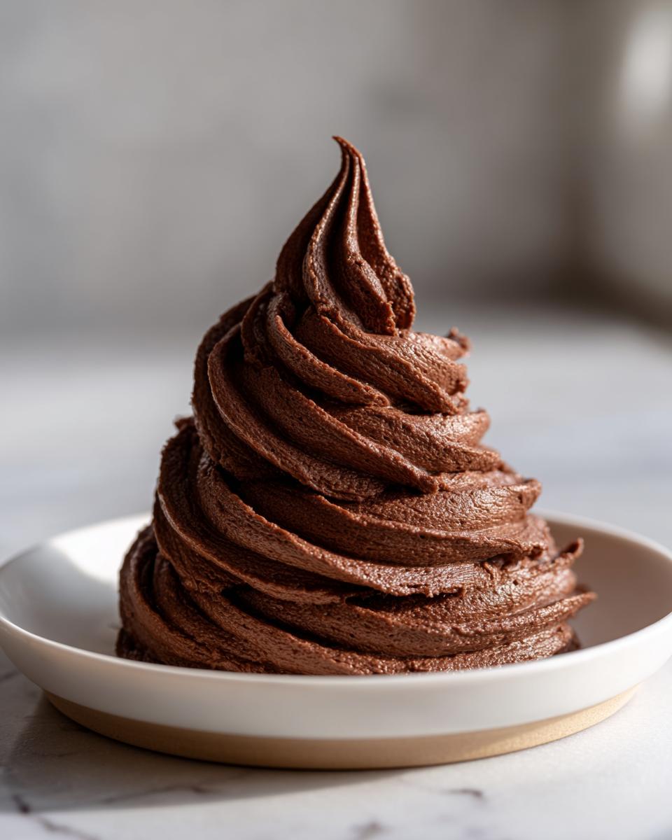 A tall, perfectly piped swirl of rich, dark chocolate frosting in a small white bowl.