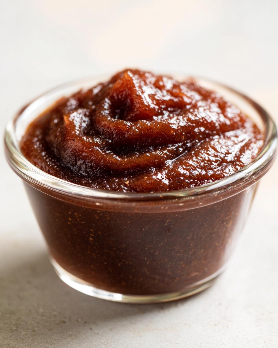 Close-up of thick, dark brown pear butter swirled high in a small clear glass ramekin.
