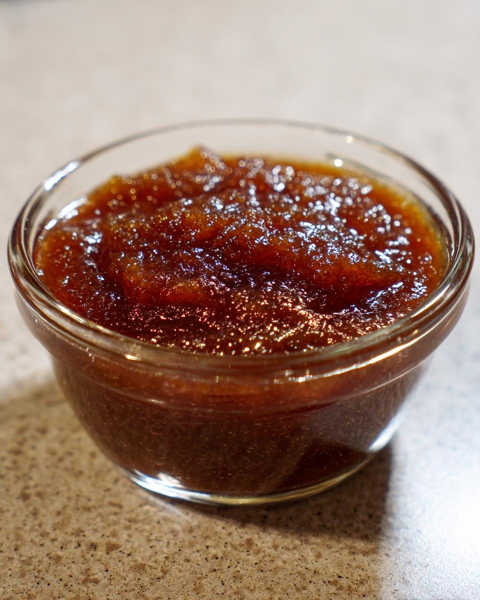 Close-up of thick, dark brown pear butter served in a small, clear glass ramekin.