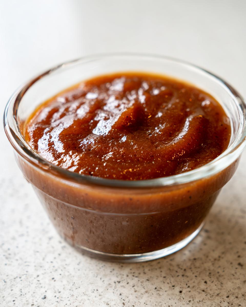 Close-up of thick, dark brown pear butter served in a small, clear glass ramekin.