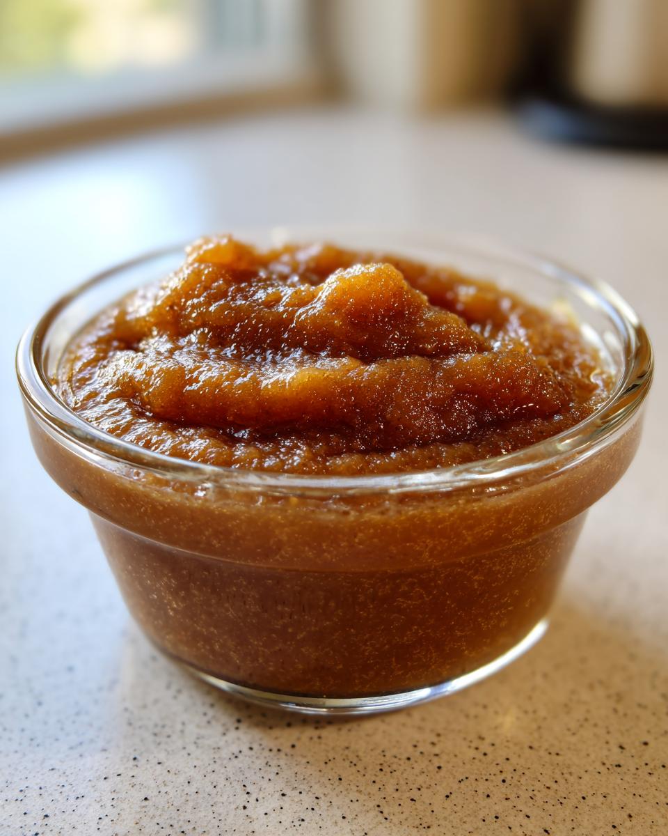 Close-up of thick, rich brown pear butter served in a small clear glass ramekin on a speckled countertop.