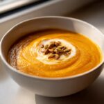 A close-up of creamy roasted butternut squash soup topped with a swirl of cream and toasted pumpkin seeds.