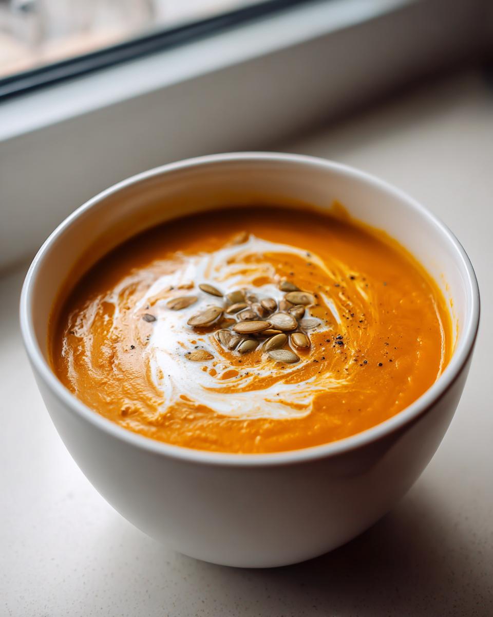 A white bowl filled with vibrant orange roasted butternut squash soup, topped with cream swirl and pumpkin seeds.