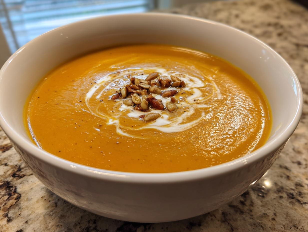 Close-up of a creamy bowl of roasted butternut squash soup, garnished with a swirl of cream and toasted seeds.