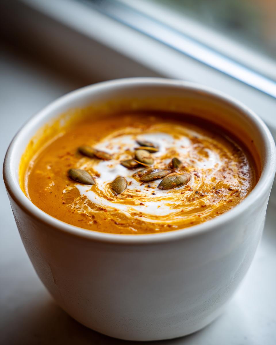 Close-up of creamy roasted butternut squash soup topped with a swirl of cream and toasted pumpkin seeds.