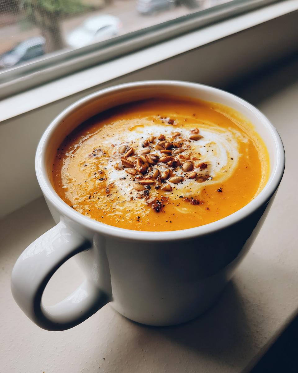 Close-up of vibrant orange roasted butternut squash soup served in a white mug, topped with cream swirl and toasted seeds.