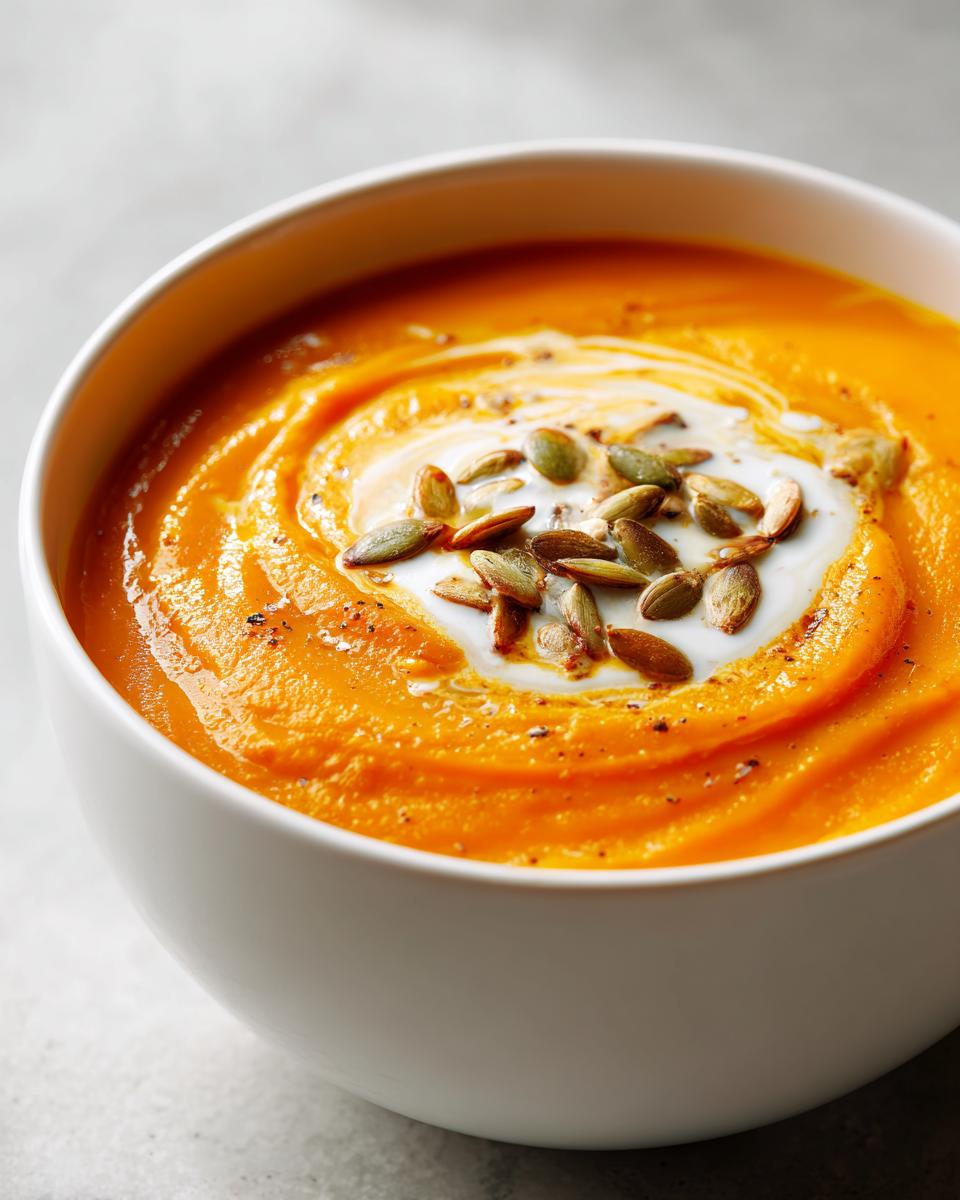 Close-up of creamy, vibrant orange roasted butternut squash soup topped with a swirl of cream and toasted pumpkin seeds.