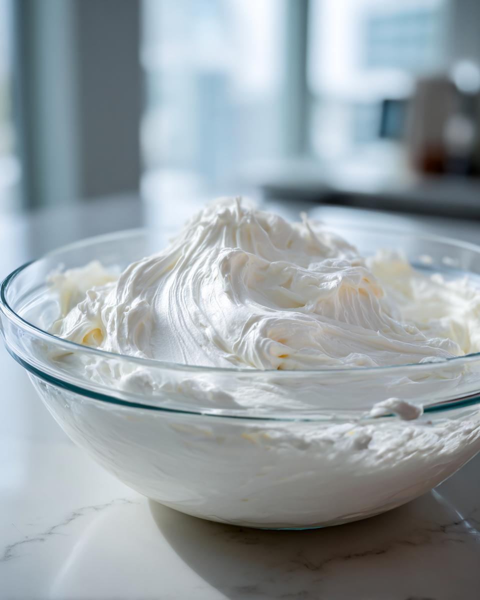 A clear glass bowl filled with stiff, glossy white royal icing recipe mixture, ready for decorating.