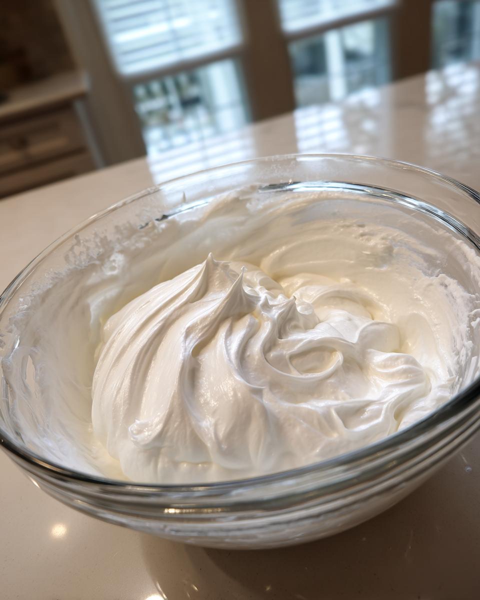 Close-up of thick, glossy, white royal icing recipe mixture in a clear glass bowl, showing stiff peaks.
