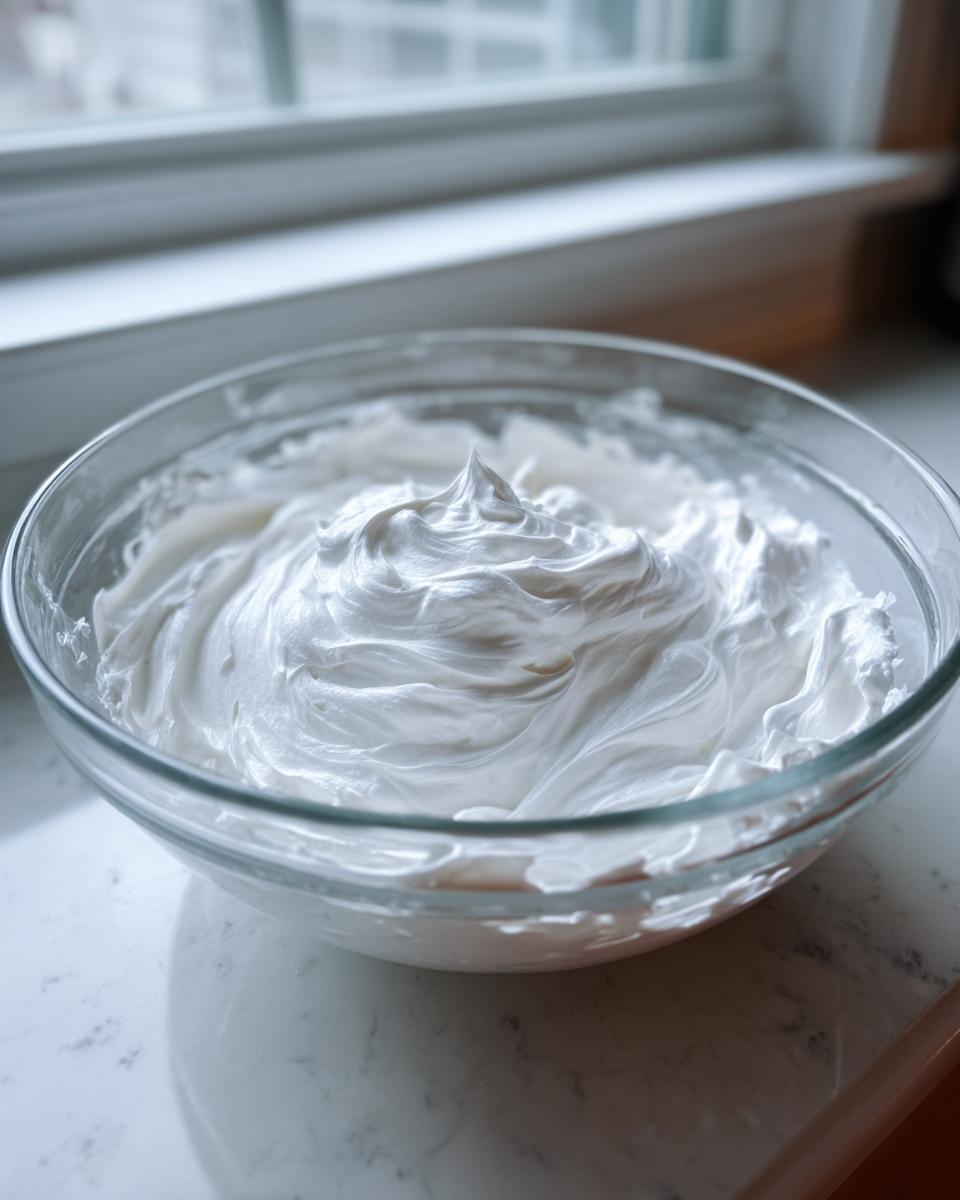 A clear glass bowl filled with stiff, bright white royal icing recipe mixture, sitting on a marble countertop.