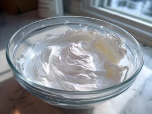 Close-up of stiff, bright white royal icing recipe whipped to stiff peaks in a clear glass bowl.