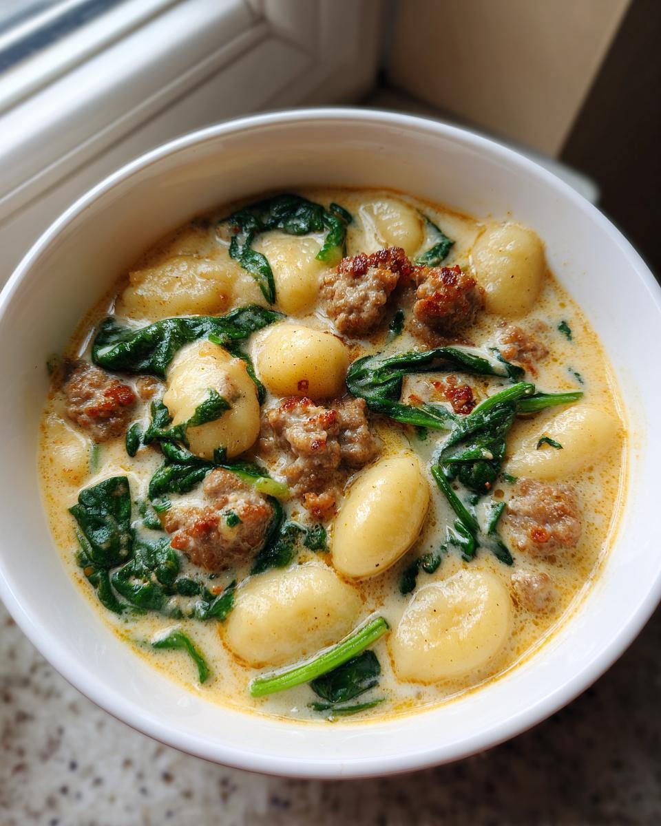 Close-up overhead view of a hearty bowl of sausage gnocchi soup with wilted spinach in a creamy broth.