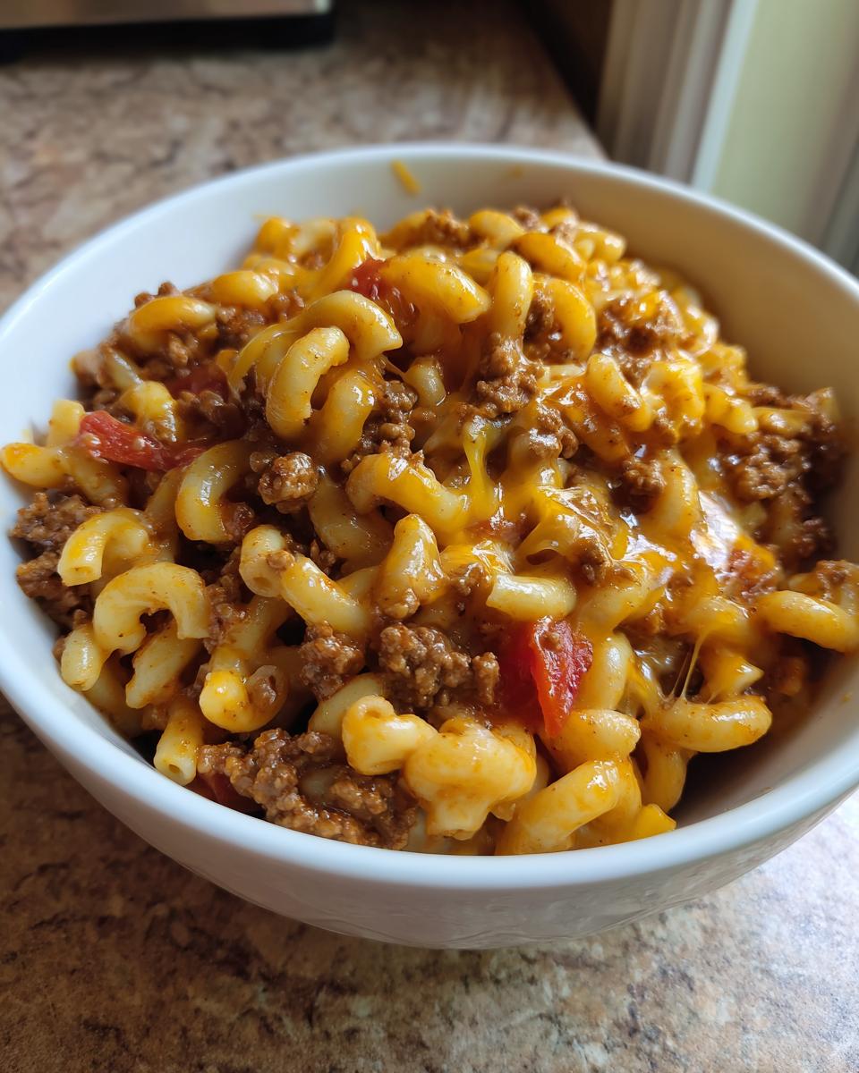 Close-up of a white bowl filled with cheesy taco pasta, featuring elbow macaroni, seasoned ground beef, and melted cheddar.