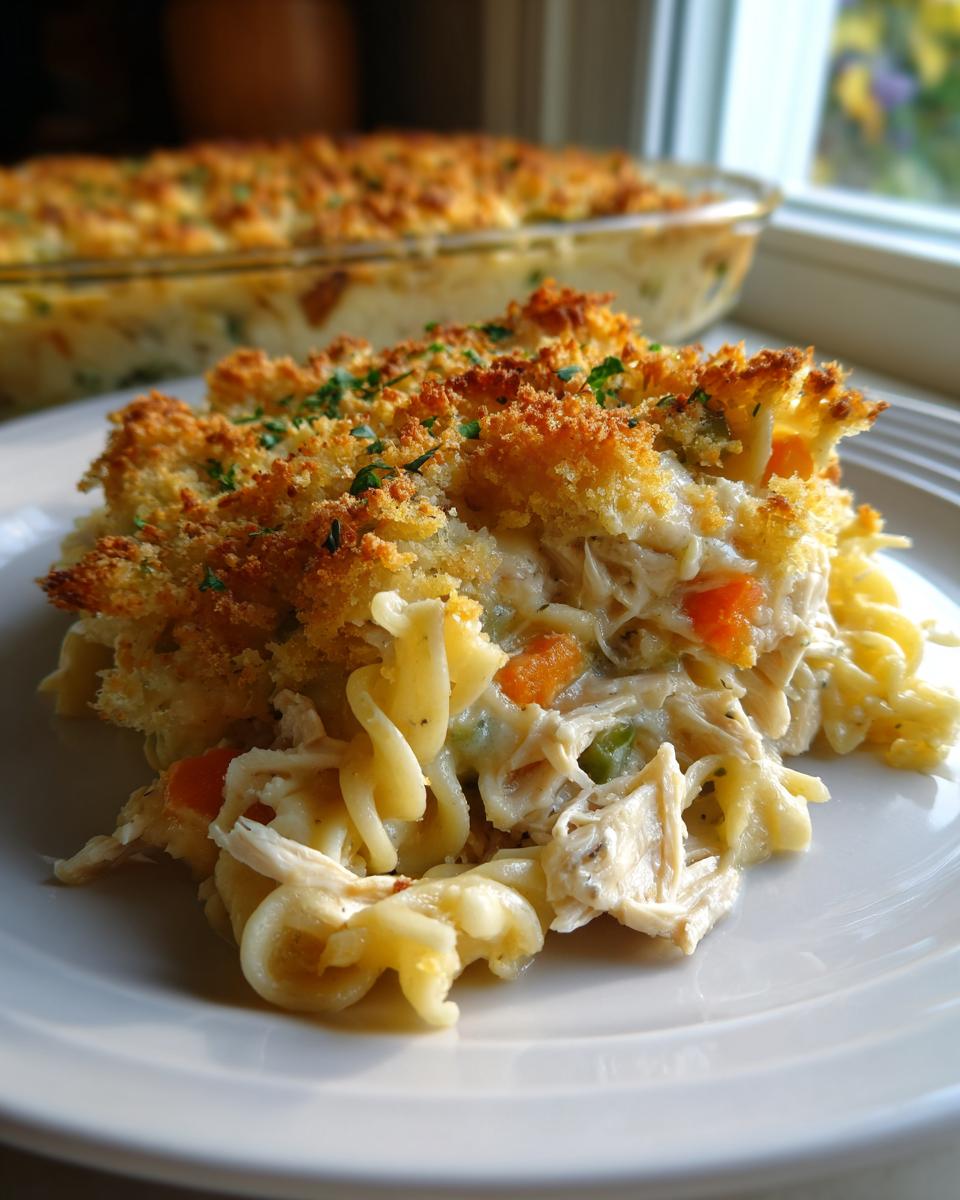 A generous serving of creamy chicken noodle casserole topped with golden breadcrumbs and parsley, with the baking dish visible in the background.