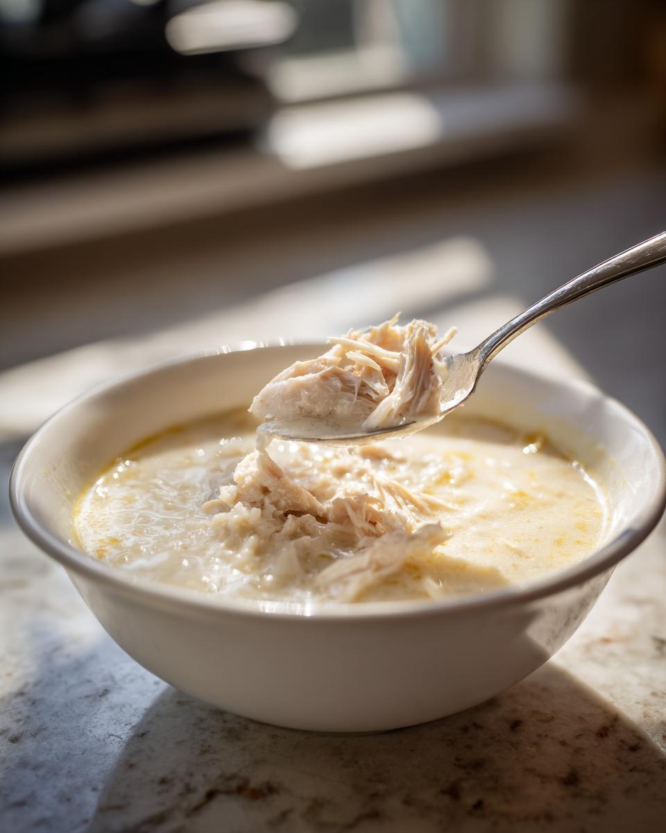 A spoonful of shredded chicken being lifted from a bowl of creamy soup, highlighting the texture of the cream of chicken soup.