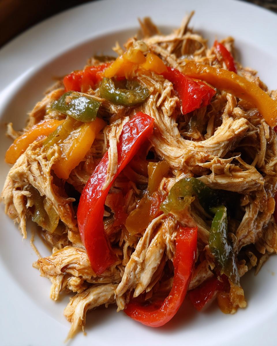Close-up of shredded chicken mixed with colorful bell pepper strips for crockpot chicken fajitas.