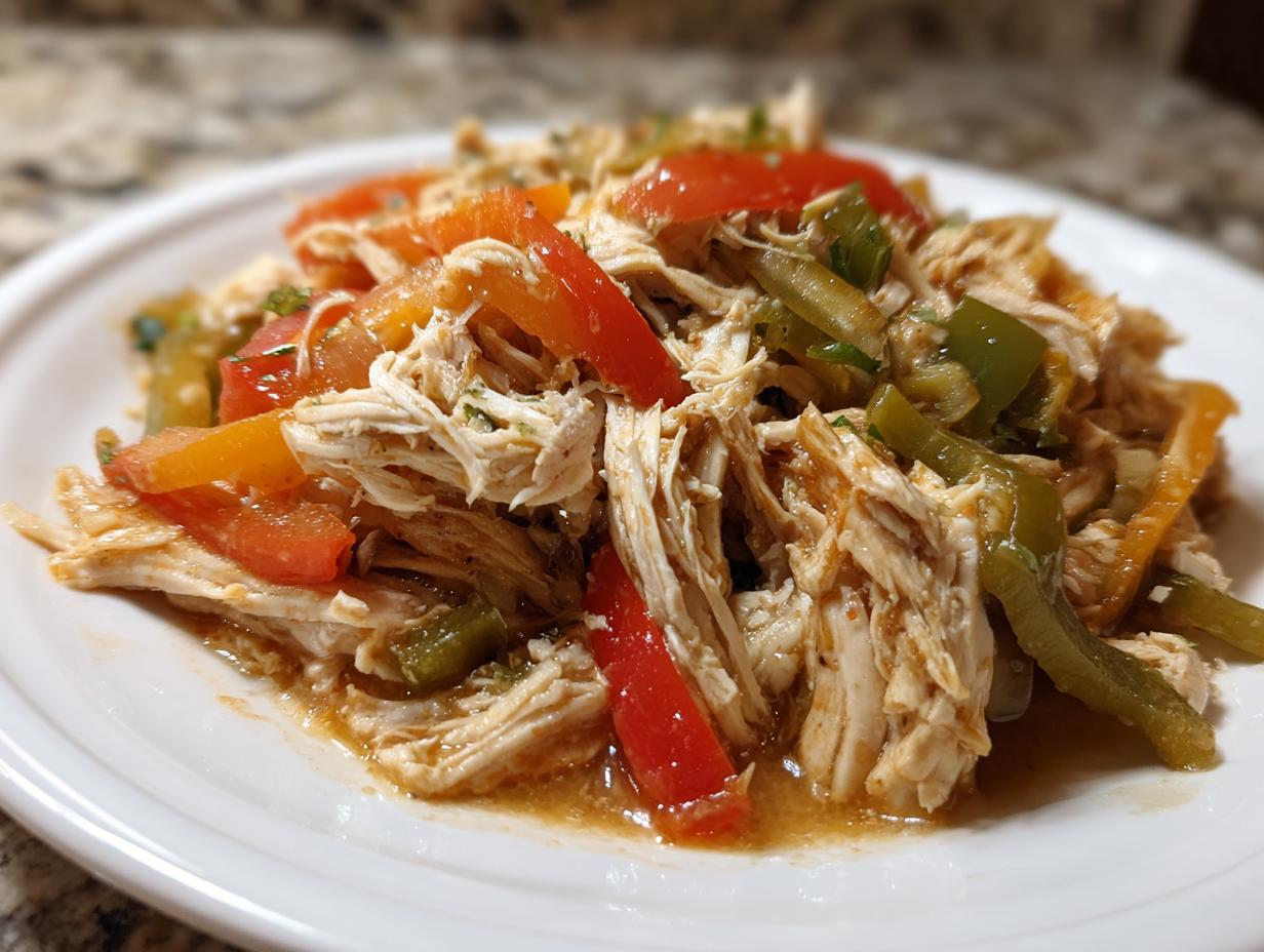 Close-up of shredded chicken mixed with sliced red and green bell peppers, ready for crockpot chicken fajitas.