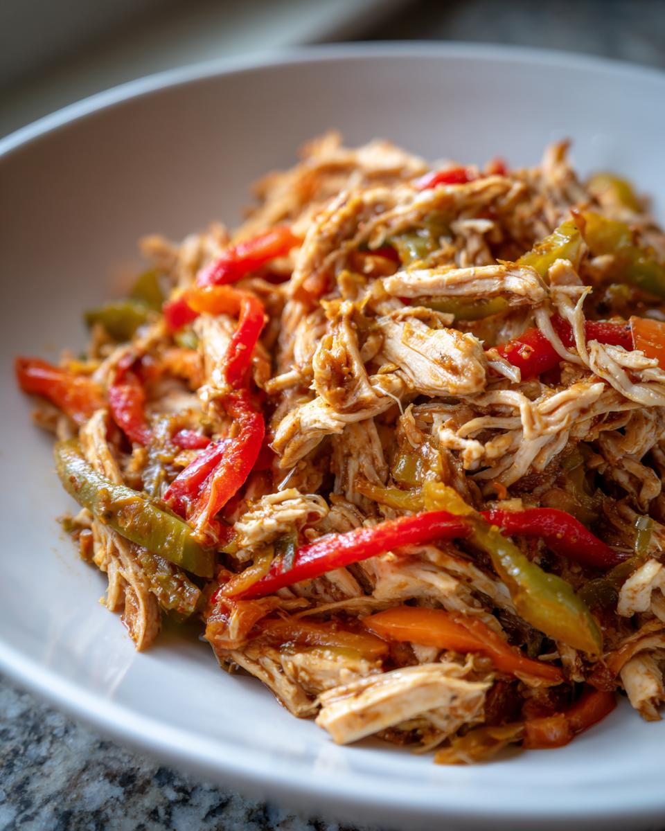 Close-up of shredded chicken mixed with colorful bell peppers, ready for crockpot chicken fajitas.