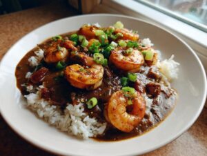 A bowl of rich, dark roux shrimp etouffee served over fluffy white rice and topped with plump shrimp and green onions.
