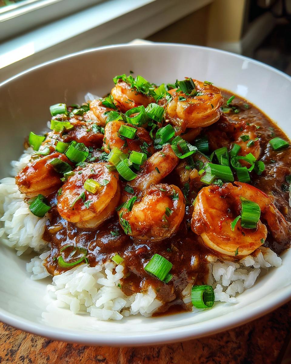 A close-up bowl of rich, dark shrimp etouffee served over fluffy white rice and topped generously with chopped green onions.