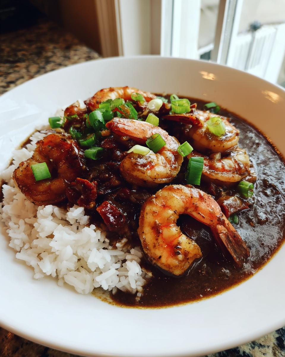 A close-up of rich, dark shrimp etouffee served over fluffy white rice and topped with chopped green onions.