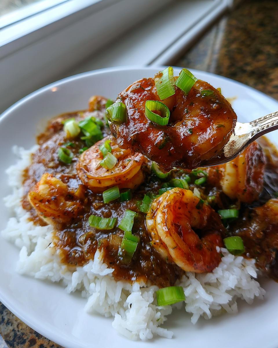 A spoonful of rich, dark shrimp etouffee with a plump shrimp, lifted above a bowl of white rice, garnished with green onions.