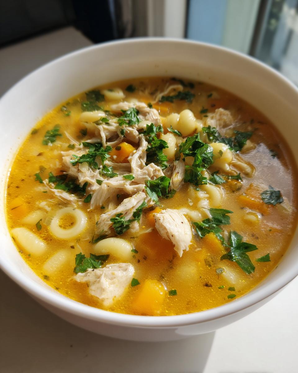 Close-up of a white bowl filled with rich, yellow Sicilian chicken soup, featuring shredded chicken, small pasta, and fresh parsley garnish.