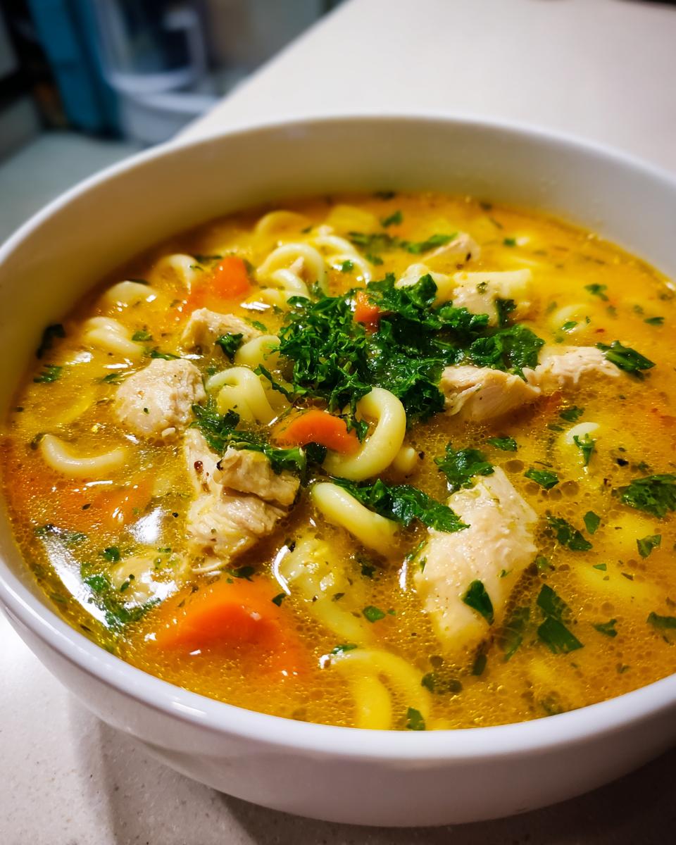 Close-up of a white bowl filled with rich, yellow Sicilian chicken soup featuring chunks of chicken, carrots, pasta, and fresh parsley.