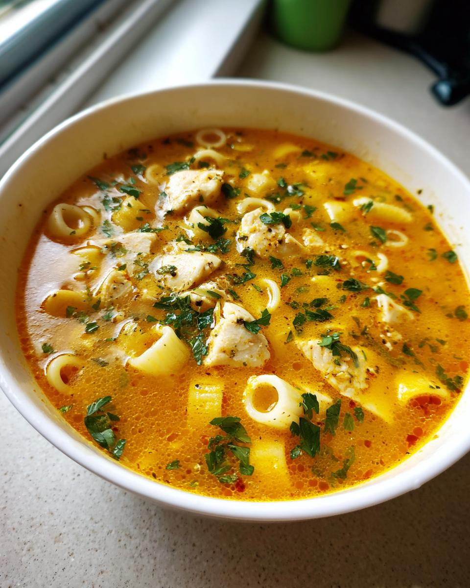 Close-up of a white bowl filled with rich, yellow Sicilian chicken soup, featuring chunks of chicken, ditalini pasta, and fresh parsley garnish.