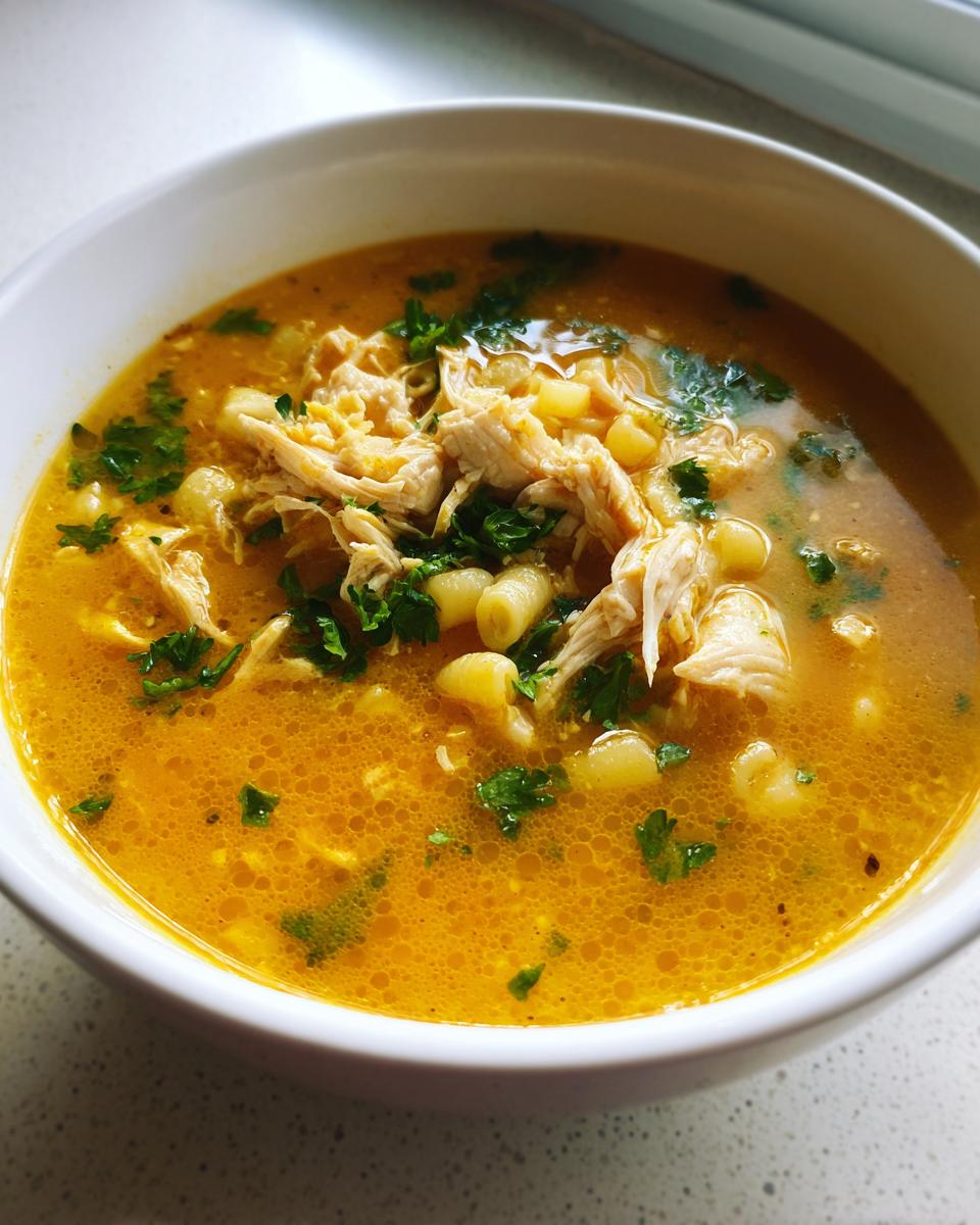 A close-up of a white bowl filled with rich, yellow Sicilian chicken soup, featuring shredded chicken and small pasta, topped with fresh parsley.