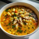 A close-up, appetizing view of rich, golden Sicilian chicken soup filled with shredded chicken, ditalini pasta, and fresh parsley.