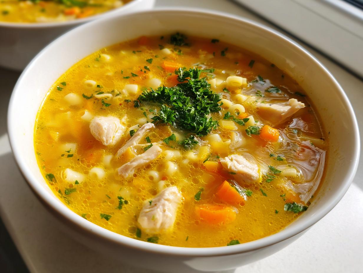 Close-up of a vibrant bowl of Sicilian chicken soup featuring shredded chicken, carrots, small pasta, and fresh parsley.