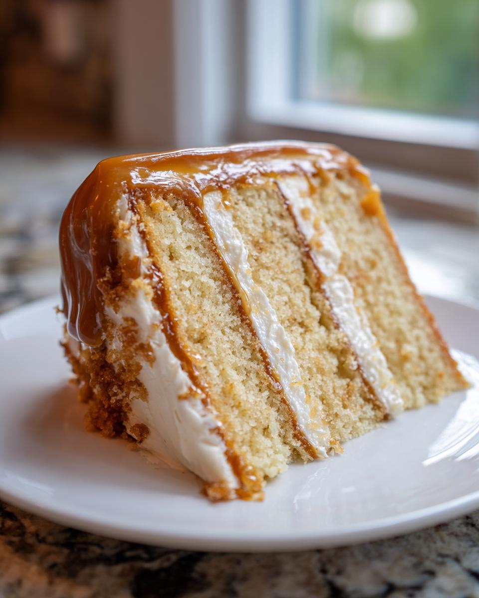 A tall slice of moist caramel cake layered with white frosting and topped with a rich caramel drizzle.