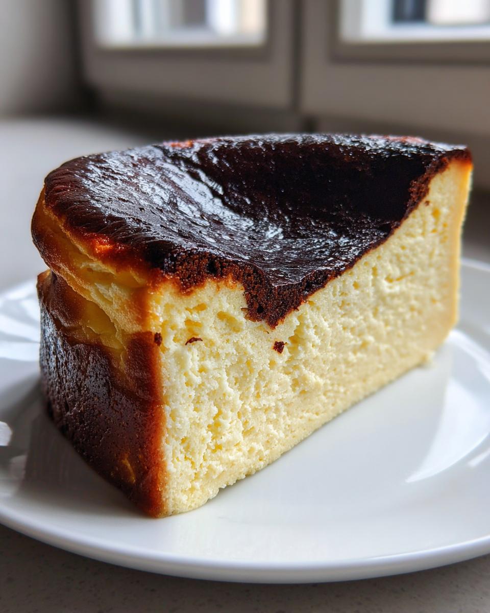 A thick slice of creamy basque cheesecake with a deeply caramelized, almost black top, served on a white plate.